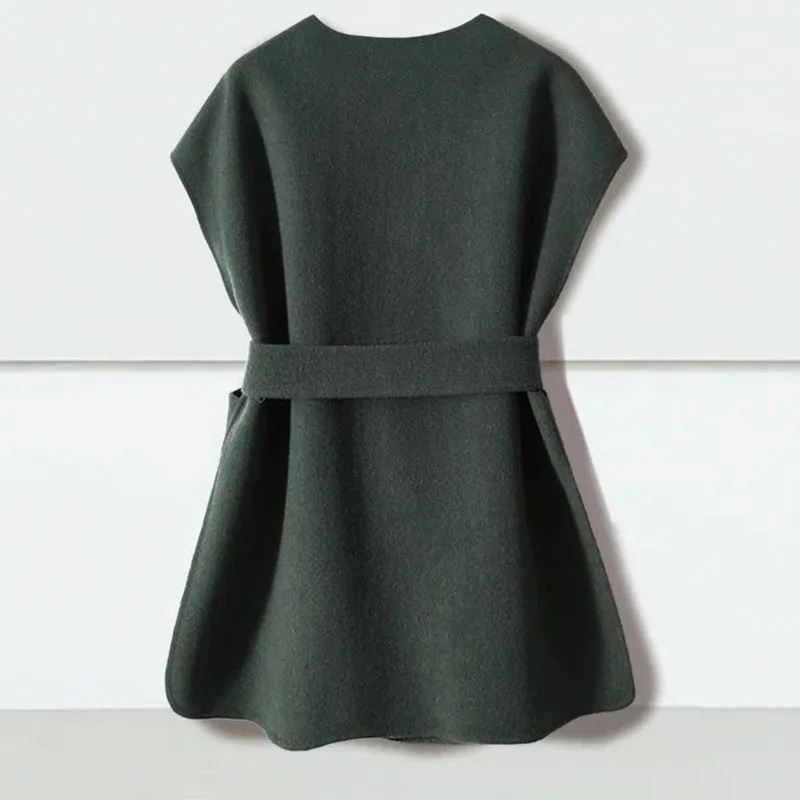 Korean Female Strap Up Woolen Waistcoat Outwear 2025 Women Fashion Wool Sleeveless Coat Autumn Winter Ladies Casual Vest Jacket