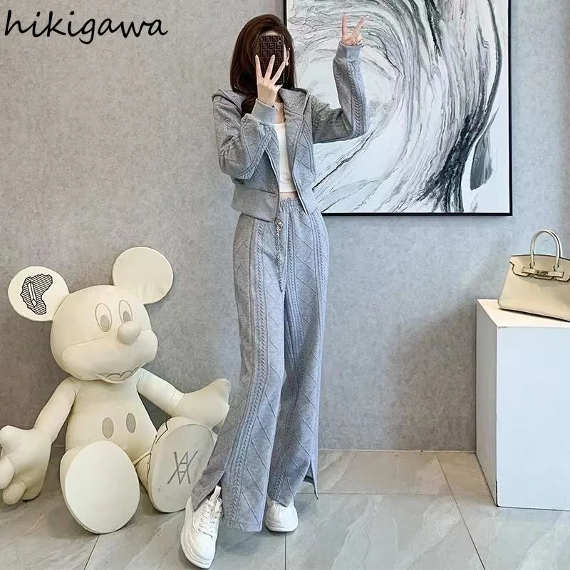 Korean Tracksuit Fashion 2 Piece Sets Womens Outfits Hooded Zipper Crop Sweatshirts High Waist Straight Wide Leg Pants Y2k Suit