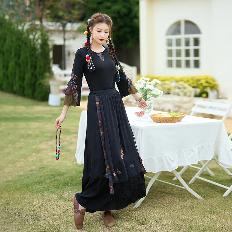 Ele Langer A-Linien-Rock mit Stickerei, hoher Taille, elastische Taille, National Sle Vintage Big Swing-Rock für Damen