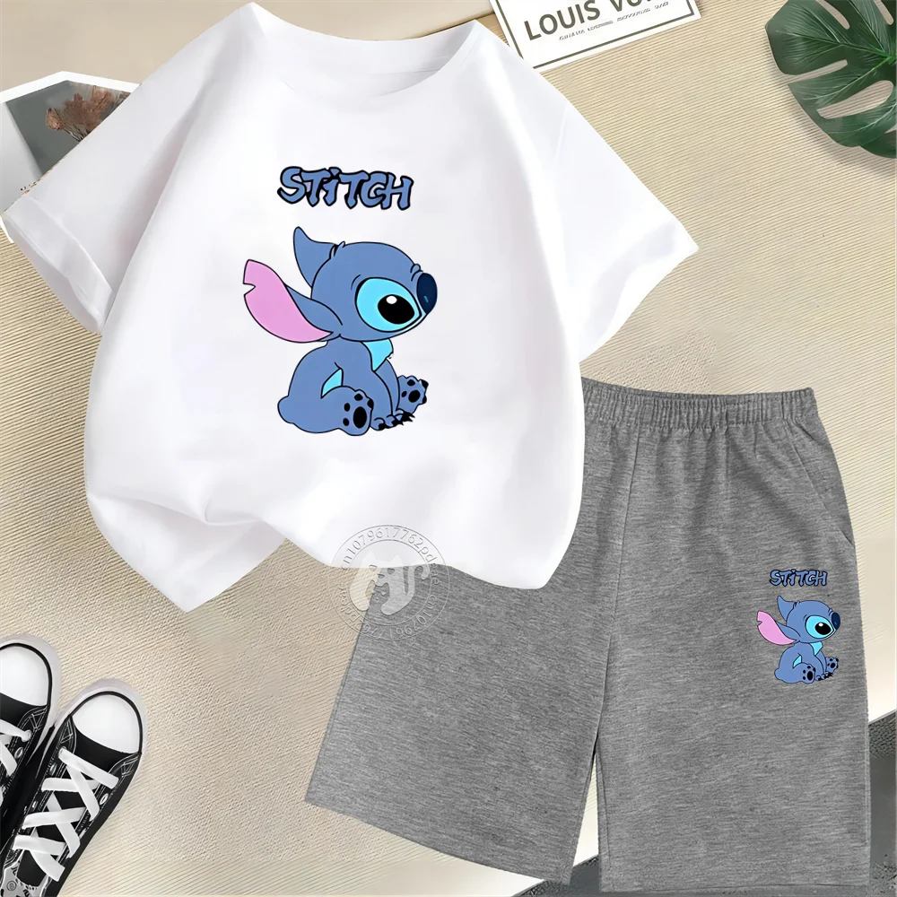 

Disney Kids 100% Cotton Short Sleeve T-shirt + Shorts Simple Stitch Print Teen Boys Girls Street Fashion Summer Set