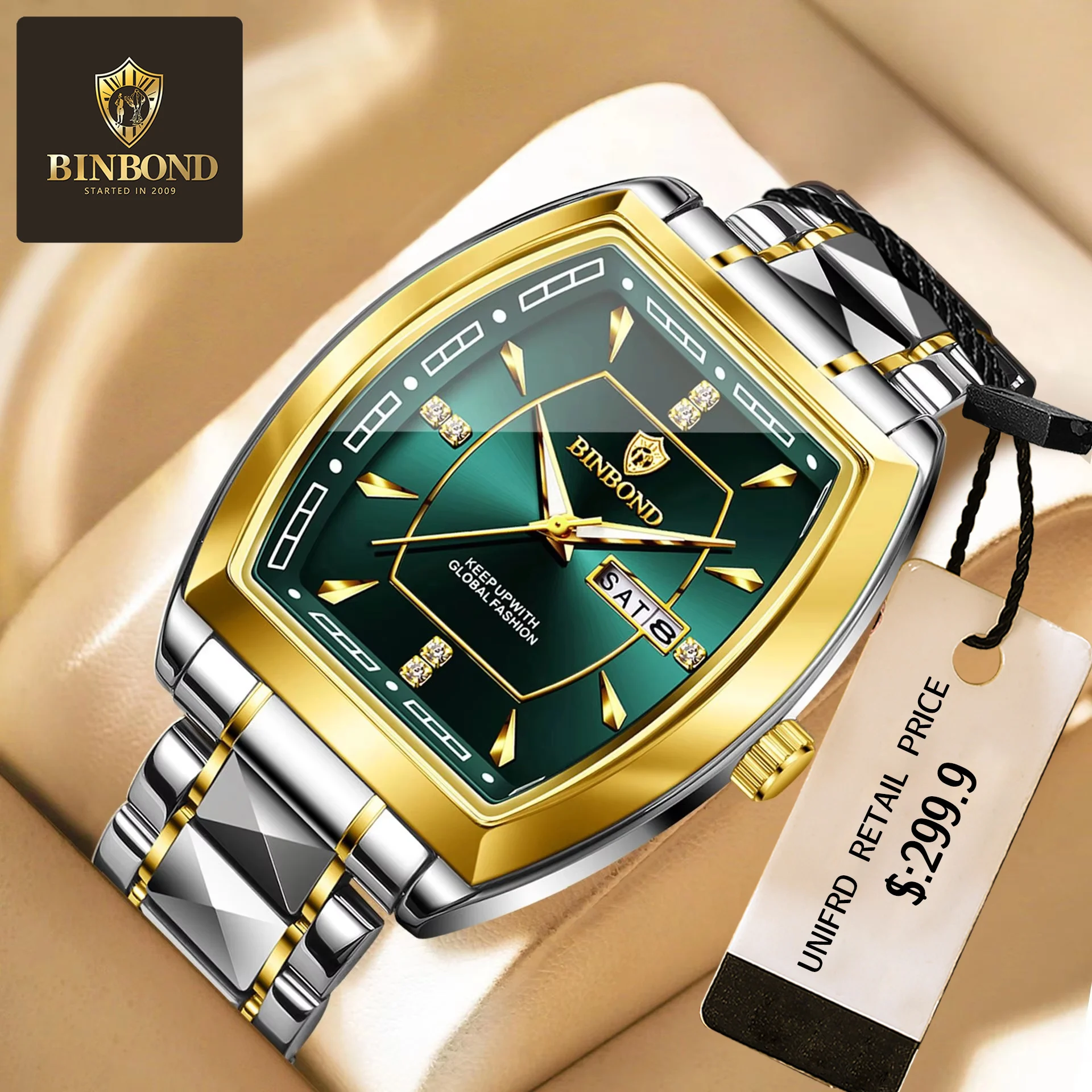 

BINBOND Роскошные мужские часы из нержавеющей стали со светящимся водонепроницаемым ремешком, мужские модные часы с датой и неделей, мужские кварцевые часы