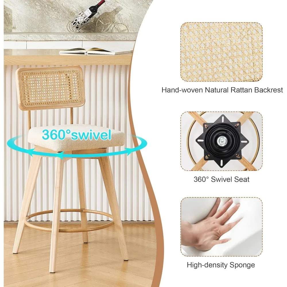 Conjunto de 2 bancos de bar giratórios de vime natural de 26 polegadas, cadeiras estofadas sem braços de madeira maciça com pernas de madeira para balcão