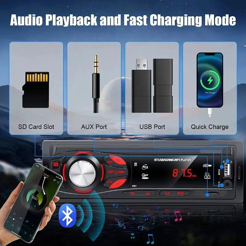 Bluetooth Stereo - Car Radio Audio Hands-free Calling MP3 Player FM Receiverd Insertion With Remote Control
