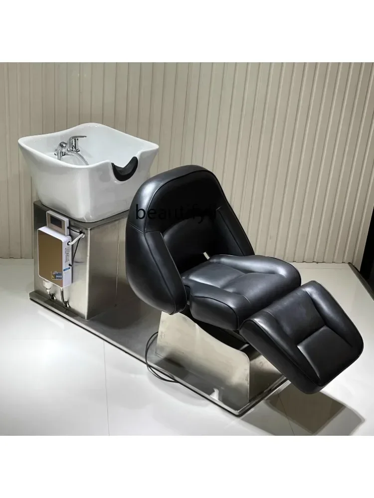 Silla de champú eléctrica tumbada, cama de media descarga, barbería, salón de belleza, lavabo de cerámica, lavado de cabello, reclinable