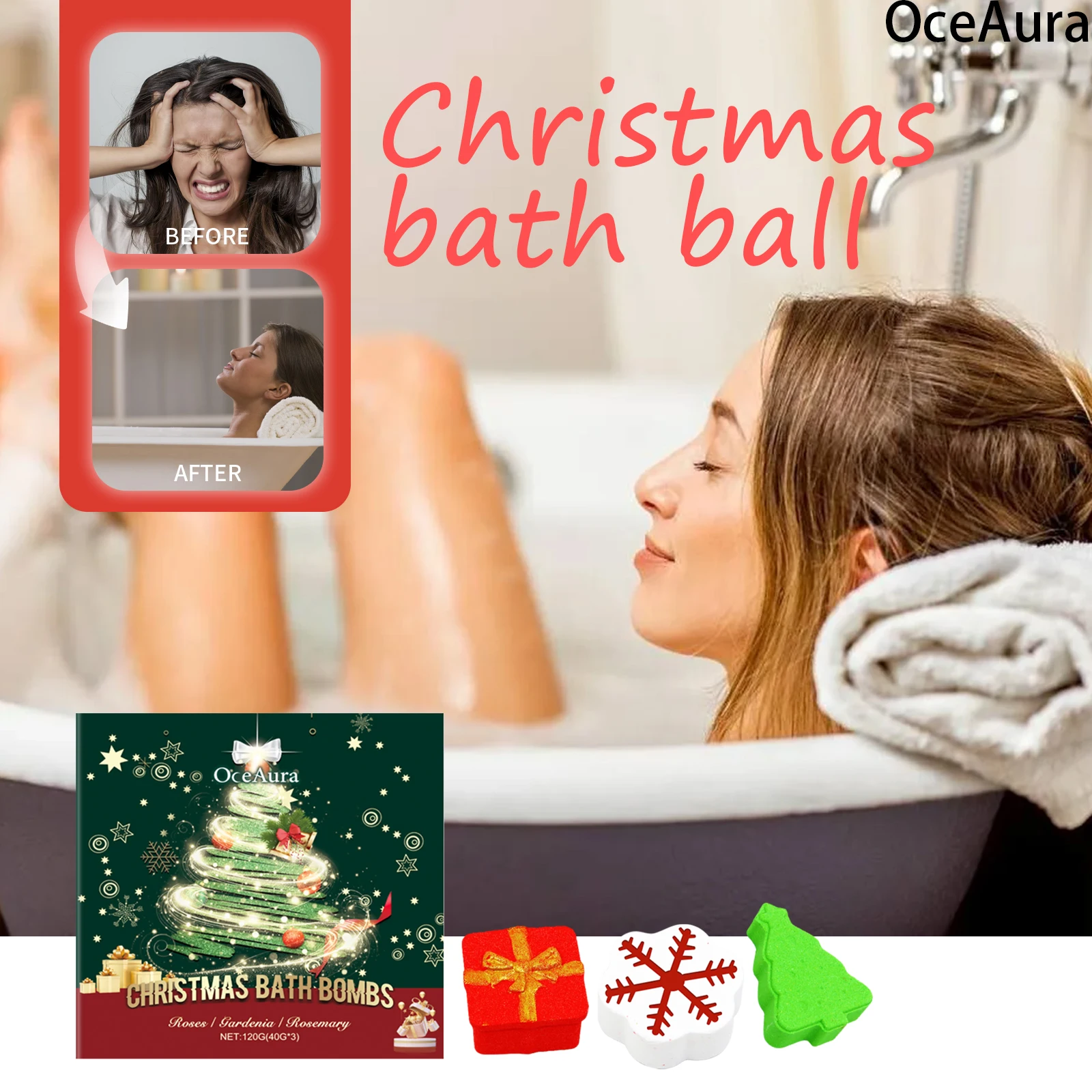 

OceAura Christmas Bath Bombs Gift Set 3PCS Colorful Fizzy Bath with Essential Oils Moisturizing Spa Experience Bath Products