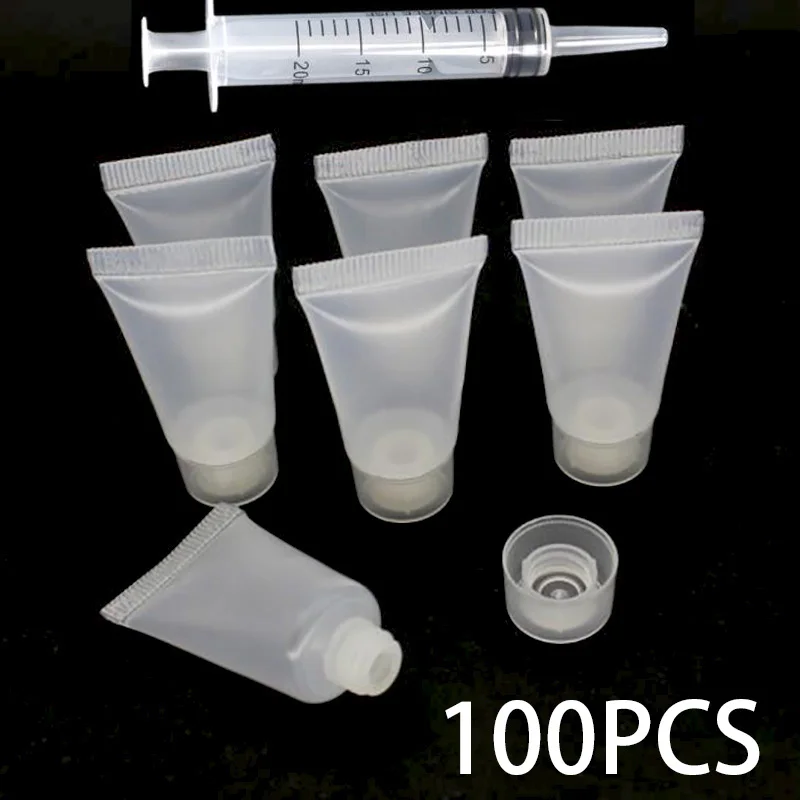 

100PCS Empty Plastic Squeeze Tubes Translucent Cosmetic Containers Refillable Plastic Tube Travel Bottle With dispensing syringe