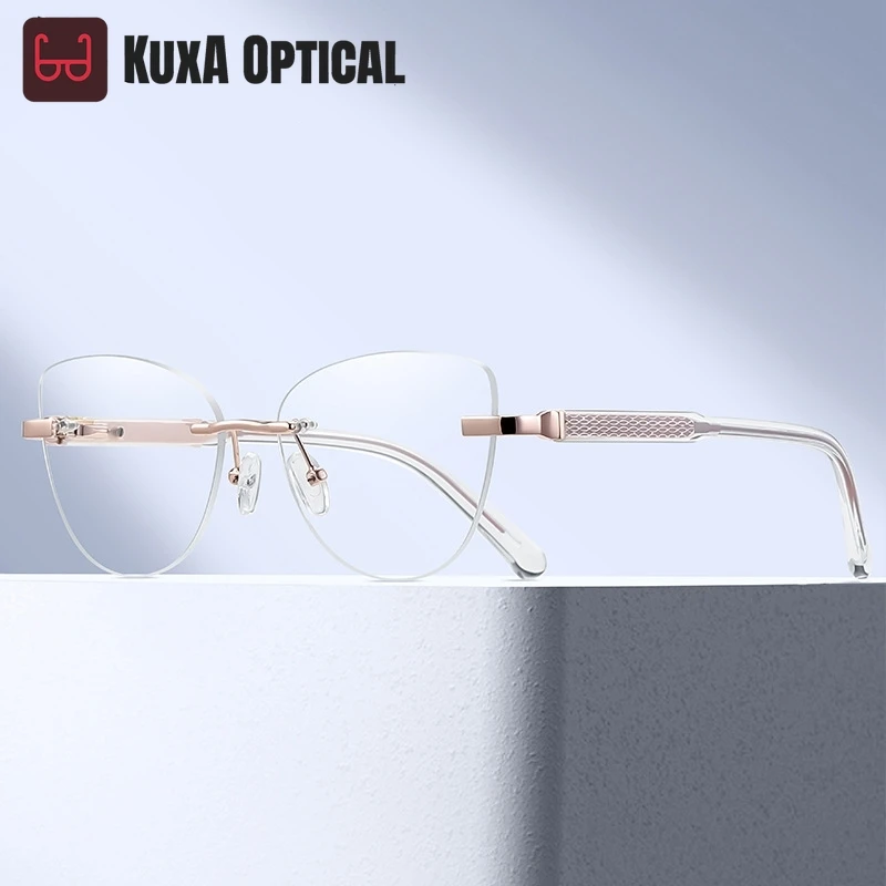 

Очки XUKA в стиле ретро, модные женские безободковые очки «кошачий глаз» из ультралегкого сплава, оптические очки для коррекции формы лица, легкая высококачественная оправа 91709