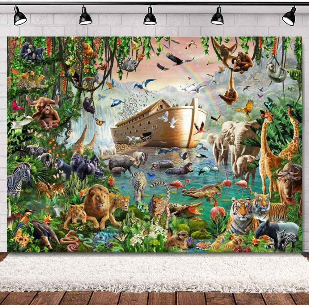 Noahs Ark Baby Shower Backdrop Happy Birthday Party Background Safari Birthday Decoration Wild Animals Kingdom Jungle