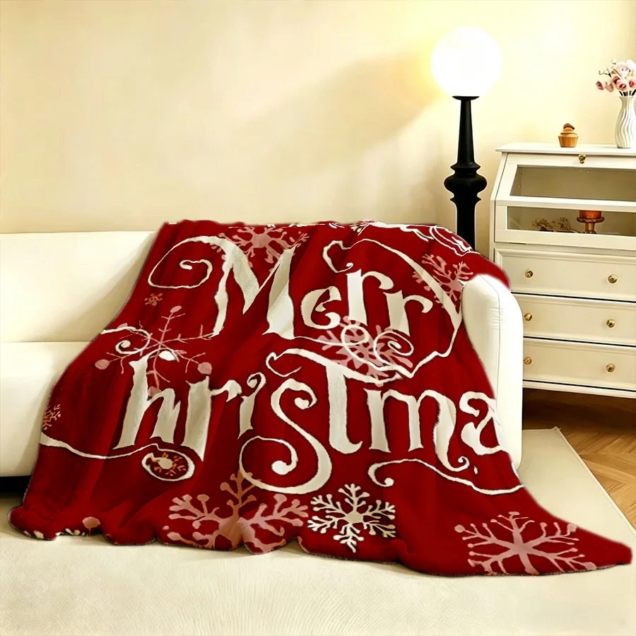 1PC Christmas Merry Christmas Print Flannel Blanket, Retro Snowflake Reindeer 2D Single-Sided Printed Holiday Decorative Blanket