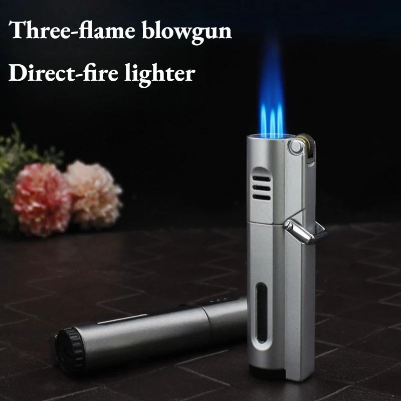 

3-лучевая зажигалка для сигар с пламенем, металлическая ветрозащитная зажигалка с прозрачной газовой камерой, зажигалка с кремневым колесом