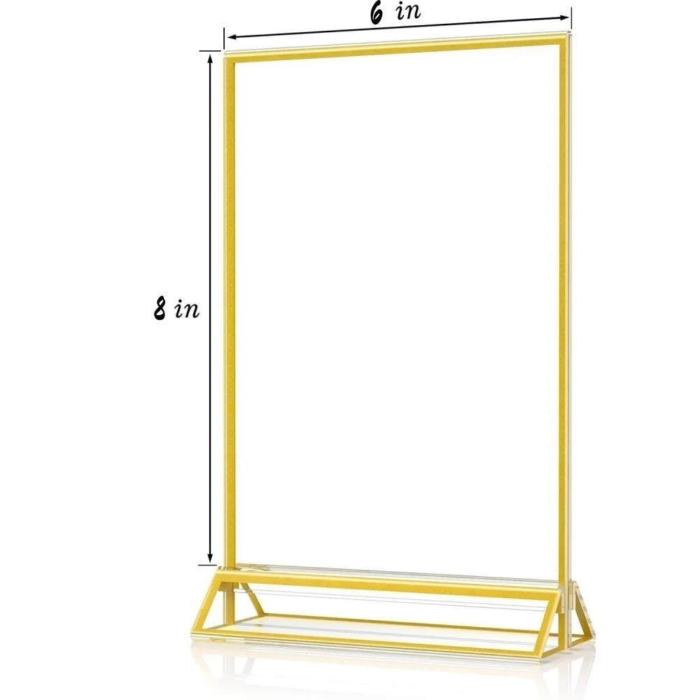 6 Pack 6x8 Acrylic Sign Holders Double Sided Gold Picture Frame Tabletop Display Menu Stand Clear Plastic T Shape Vertical Paper