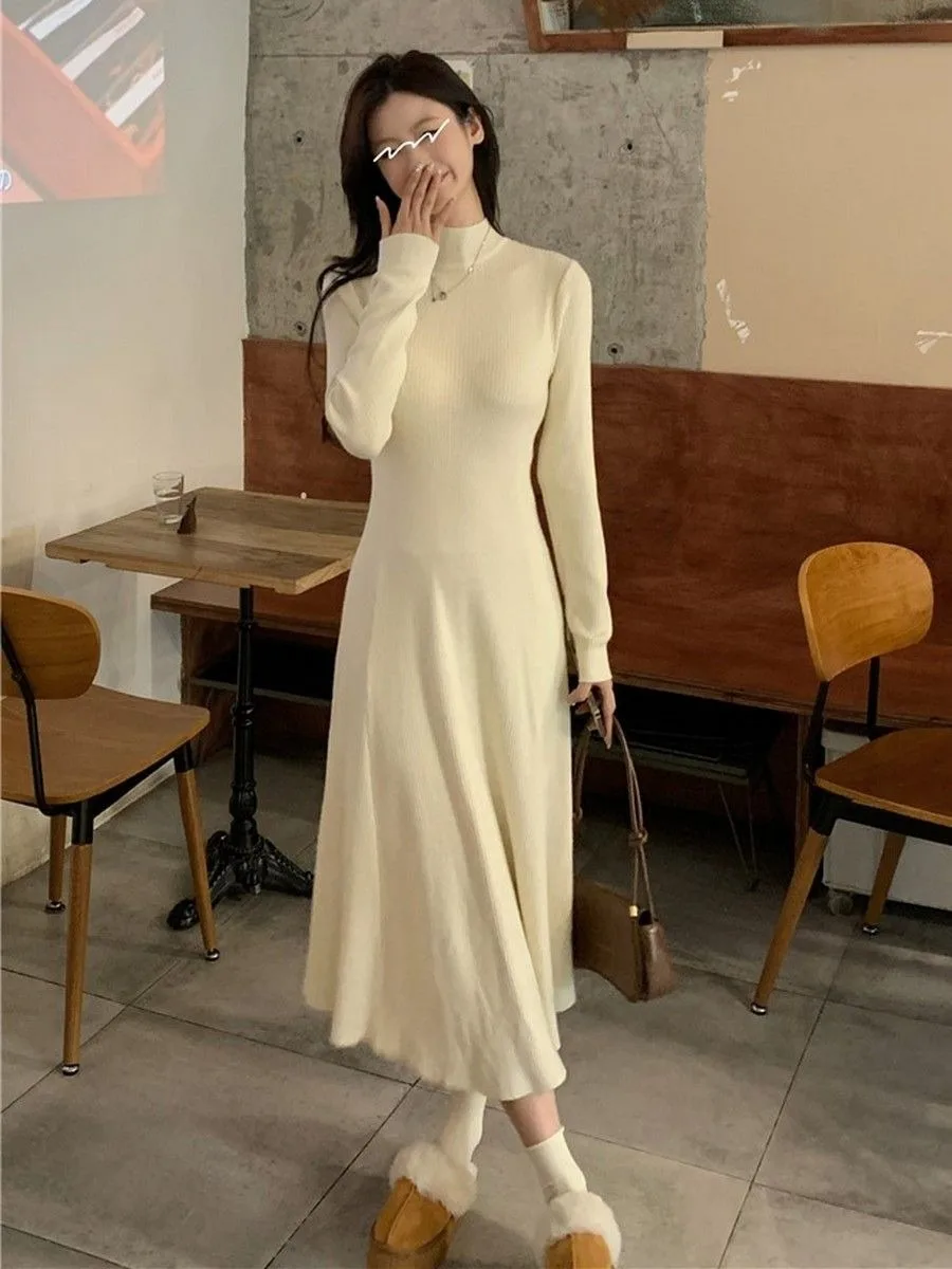 Vestido feminino de malha evasê emagrecedor em damasco francês elegante meia panturrilha semi-gola alta longo vestido de camadas quente para outono inverno