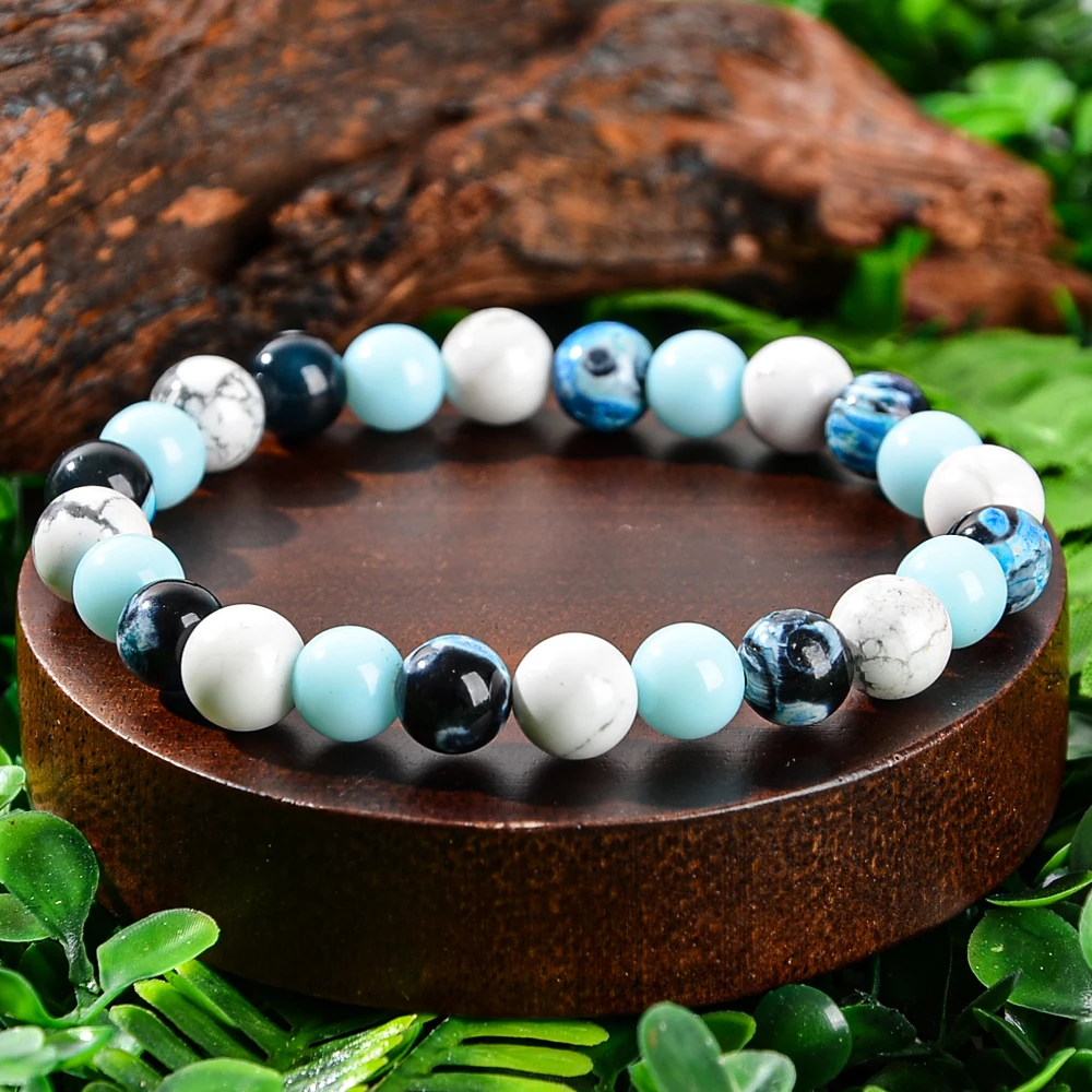 1PC natural stone healing bracelet made of blue fire agate and white turquoise beads, which can bring prosperity and abundance.