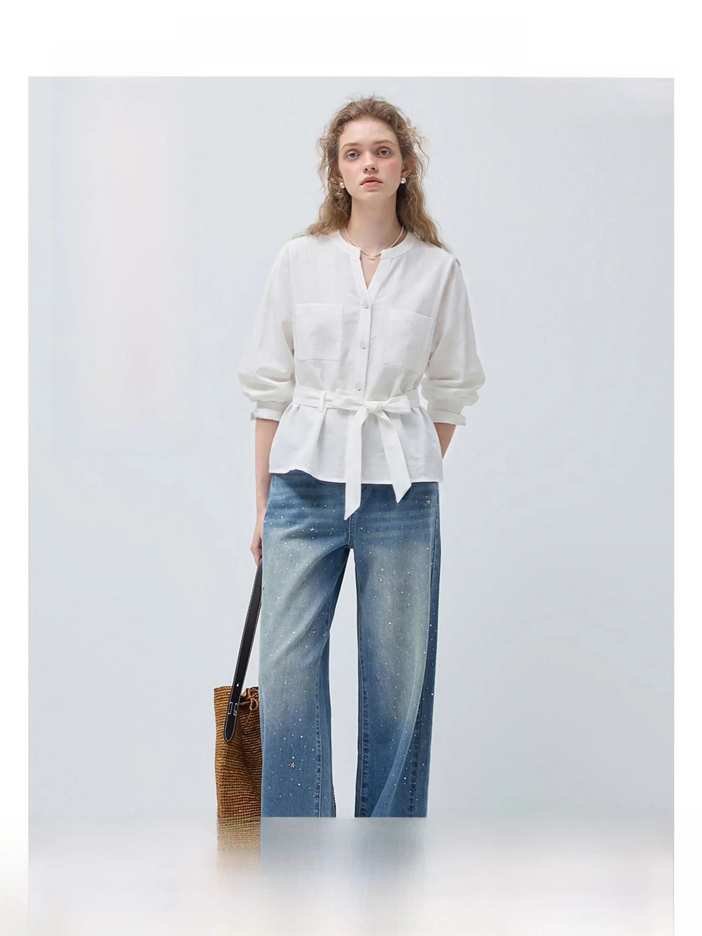 

Vega Chang2026 Spring New Women's Shirt V-neck Waist-cinched Versatile Set Breathable Mid-weight Long-sleeve Commute Style