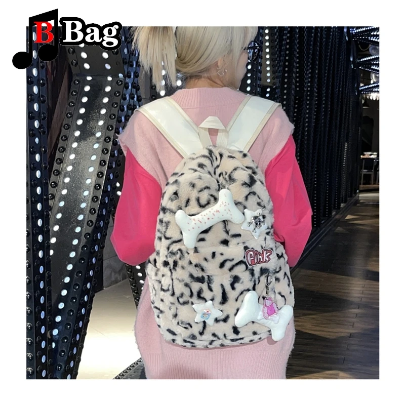 Imagem -06 - Adorável Padrão Leopardo Doce Fresco Menina Quente Mochila Grande Capacidade Bolsa Viajante Mulher Osso Decoração Harajuku Y2k Gothic Punk