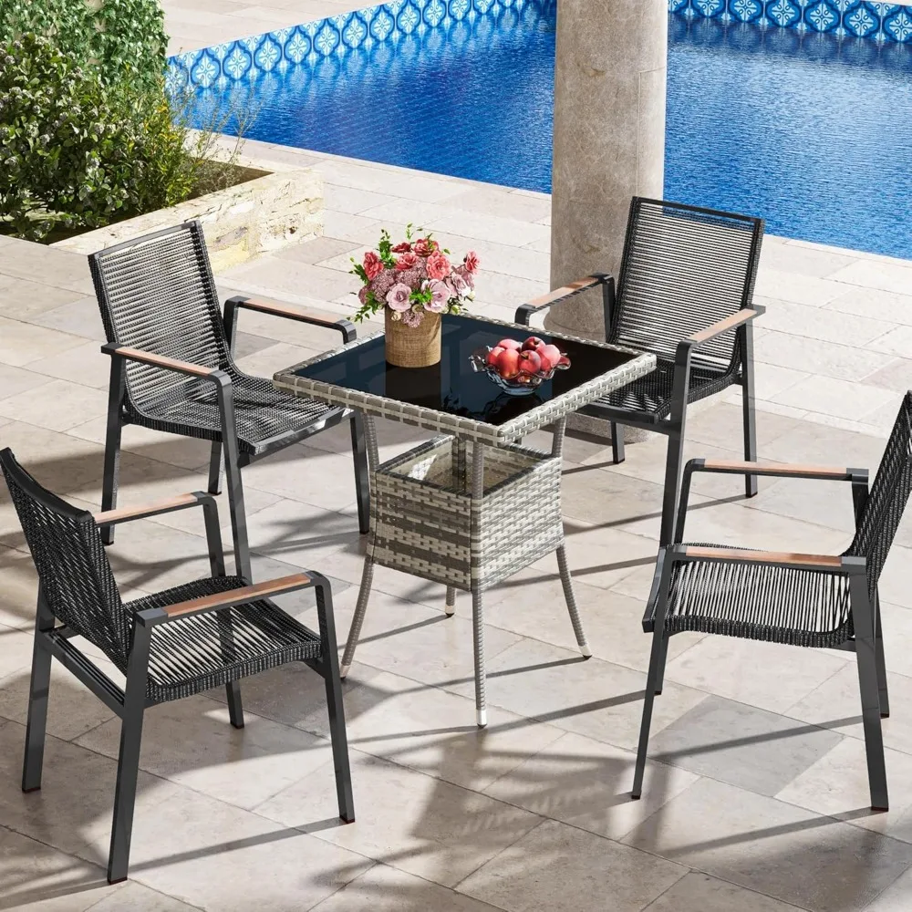 23.6" Patio Table for 4-Person, Outdoor Patio Wicker Square Dining Table, All-Weather Rattan Bistro Dining Table w/Glass Tablet