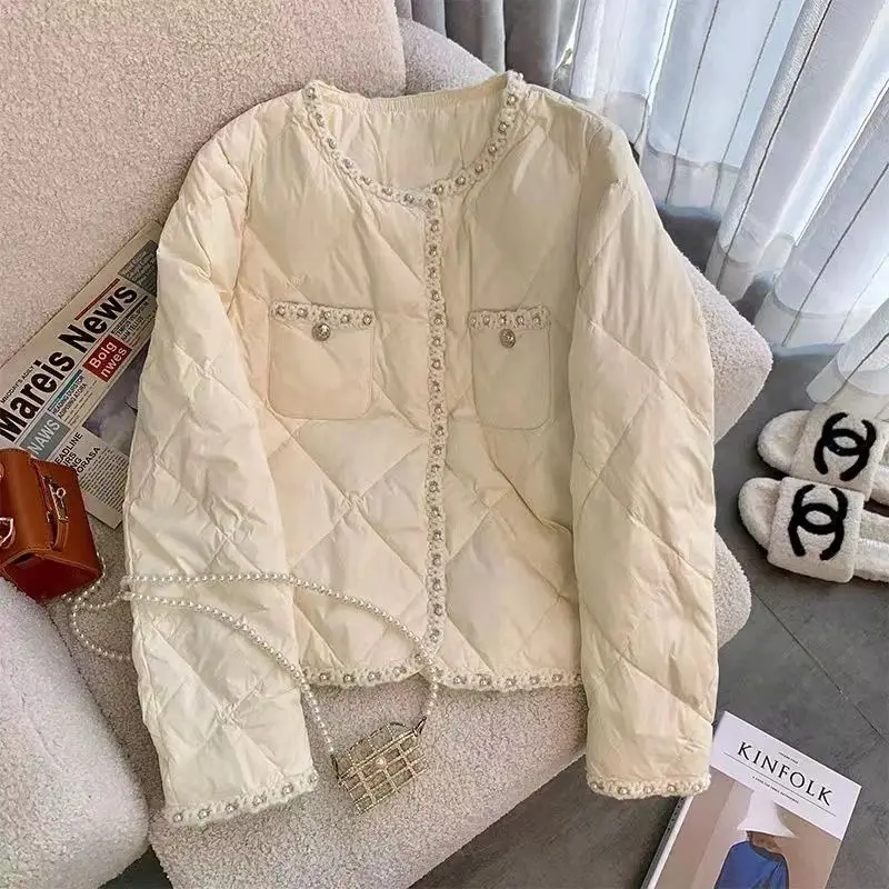 White Short Jacket For Women\'s Winter 2023 New Patchwork Round Neck Loose And Lightweight Cotton Jacket