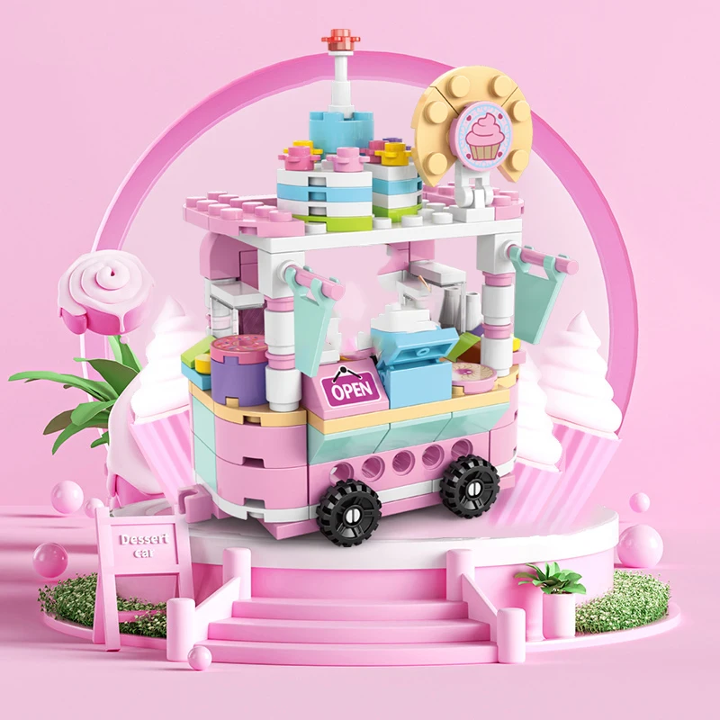 Diy Architecture Ice Cream Car Store Street View Food Building Blocks Kit Girls Bricks Classic Movie Model Kid Toys For Children