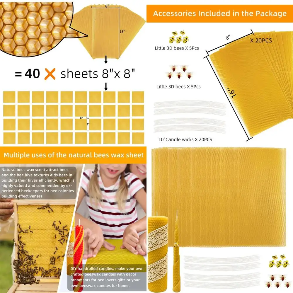 

Листы из пчелиного воска для изготовления свечей, 20 листов из чистого пчелиного воска размером 8 x 16 дюймов, относится до 40 листов из пчелиного воска размером 8 x 8 дюймов, включают в себя пчелиный воск.