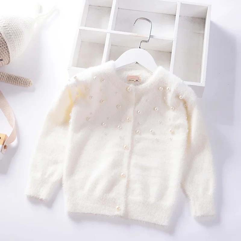 2024 Autumn Winter Pearl Solid warm Girls Sweater Baby Princess mink velvet knit Cardigan jacket Kids Clothes Children Clothing