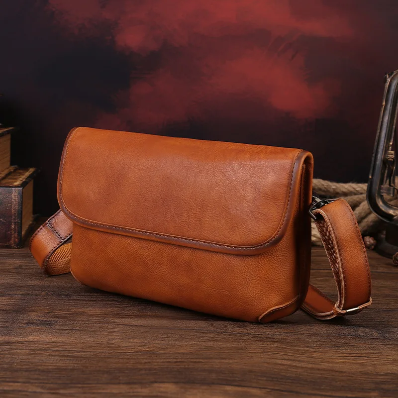 Plant tanned leather vintage men shoulder small square bag simple lightweight clamshell commuting crossbody bag
