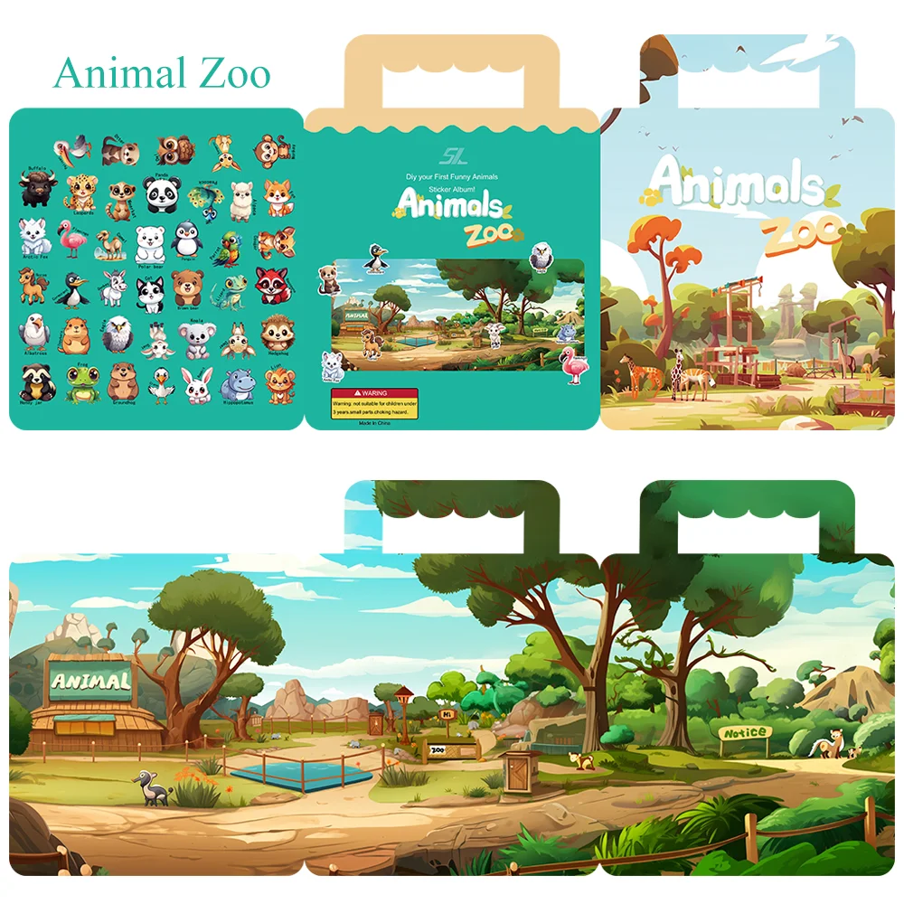 Cartoon Reusable Sticker Book for Kids Multiple Scenos DIY Puzzle Game Educational Animals Sticker for Child Age 2-4 Gifts