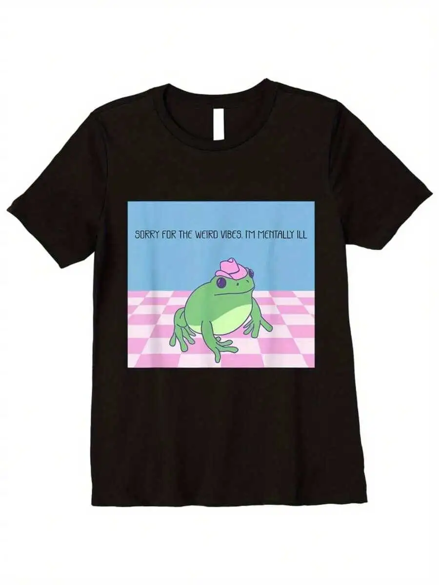 Sorry For The Word Vibes I'm Mentally Ill" Cartoon Frog T-Shirt - Black Casual Short Sleeve, Pink & Blue Checkered Design,  100% Cotton Trendy Y2K Short-Sleeve Tee-Soft, Quick-Drying, Moisture-Wicking, Great Gift for Christmas or Halloween.