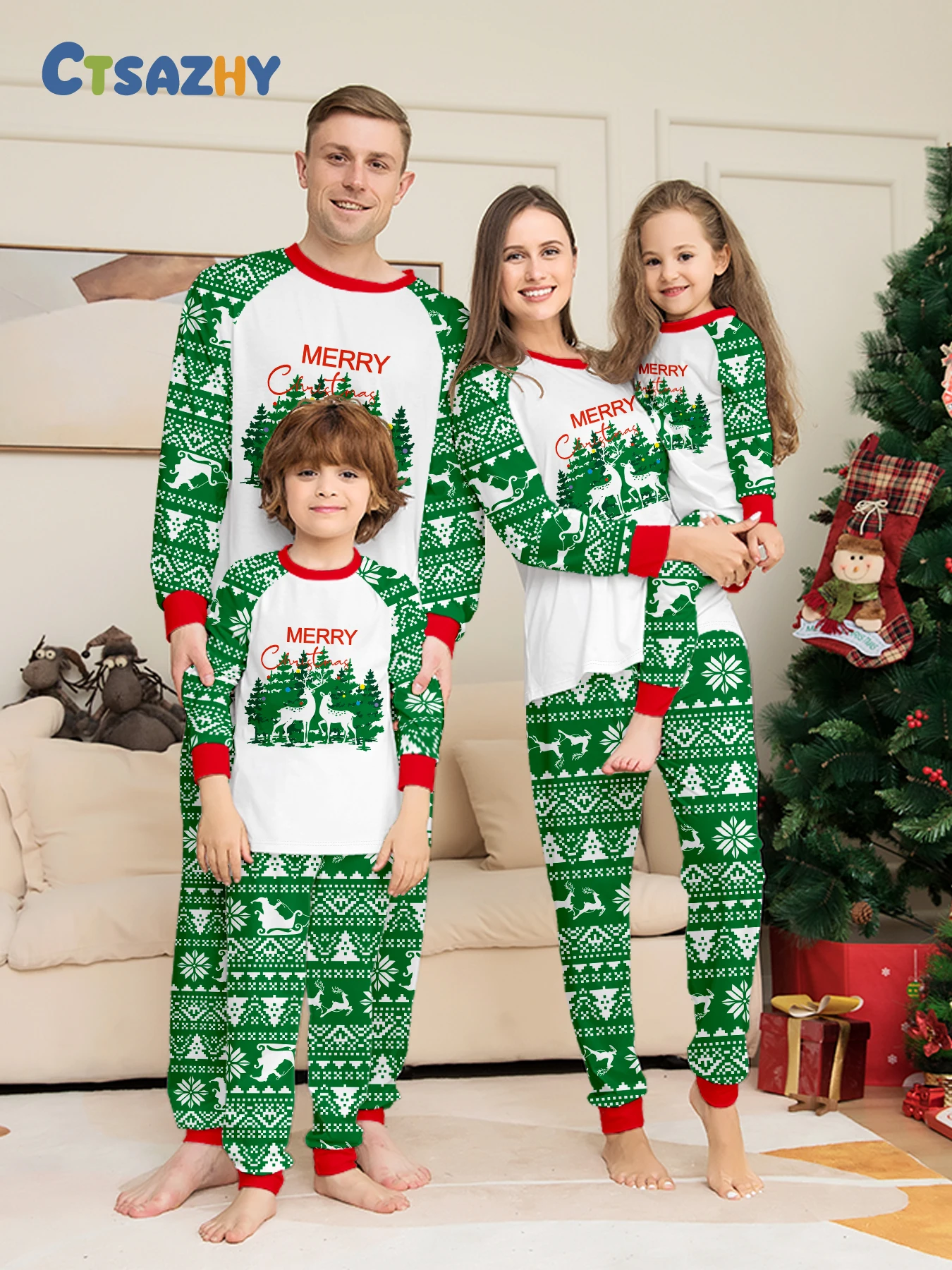 

Christmas Family Sleepwear Set "Merry Christmas" Fair Isle Reindeer Tree Print Raglan Sleeve Green White Red Pajamas