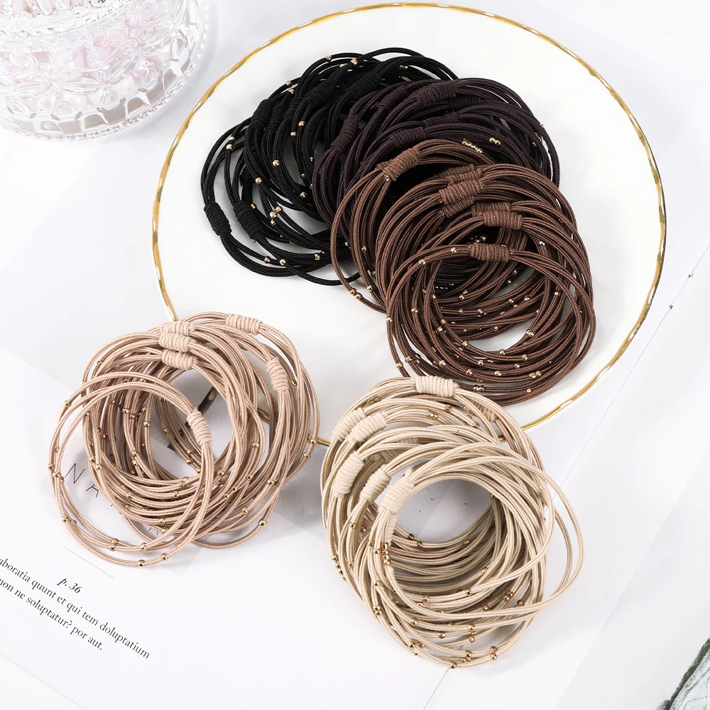 10PCS Korean Women Elastic Hair Rubber Bands Headbands Girs Golden Plated Beads Hair Scruchies Hair Tie/Holder/Gum Accessories