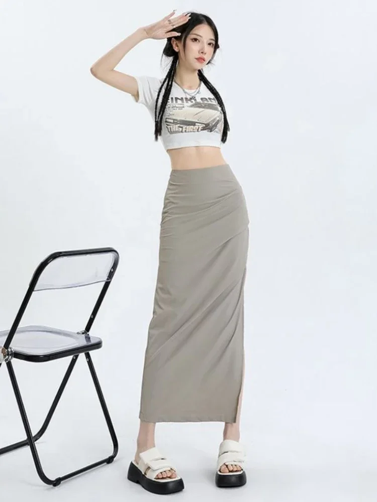 Side-slit Skirts Women Spring Summer Y2k Shirring Korean Hipster Vintage Slim Ins High Waist Streetwear Solid Mujer Faldas Femme