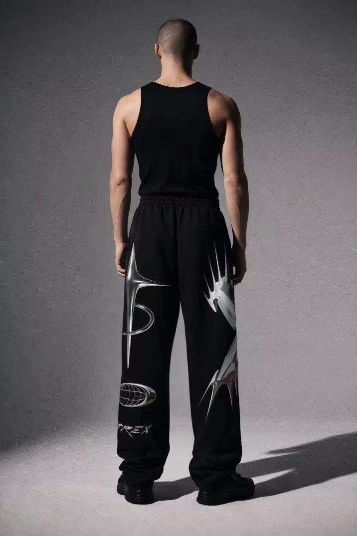 Men Y2K Baggy Sweatpants Gothic Tribal Thorn Tattoo Print Drawstring Wide Leg Pants Dark Hip Hop Streetwear Casual Trousers