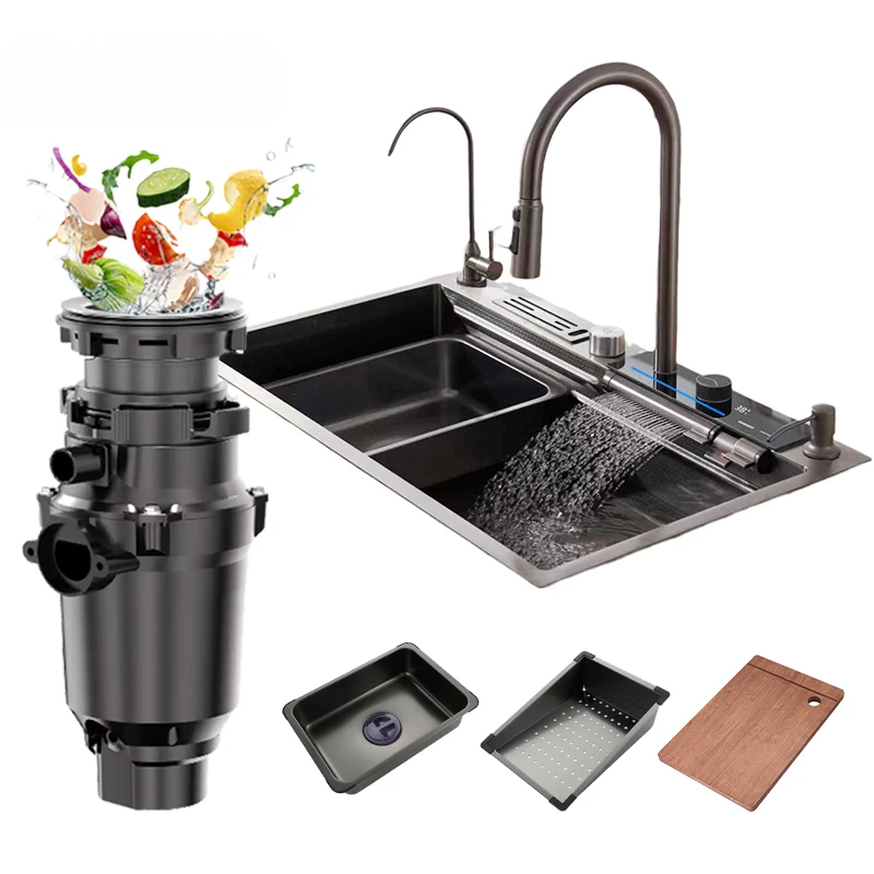 2023 New design Smart Digital Kitchen Sink Stainless Steel Nano Handmade Kitchen Sink With Multifunction Waterfall Faucet