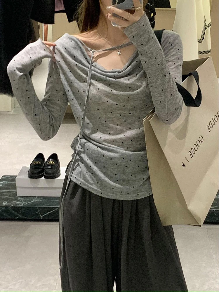 Polka Dot Lace-up Long Sleeve T-Shirt Summer Thin One-Shoulder Women's T-shirt 2025 Slim Women Tops Korean Style Women Clothing