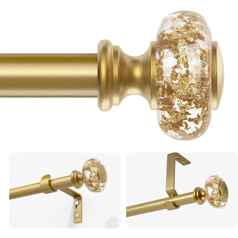 Gold Curtain Rods for Windows 32-72 Inch: 1 Inch Adjustable Acrylic Drapery Rod with Translucent Gold Foil Finials