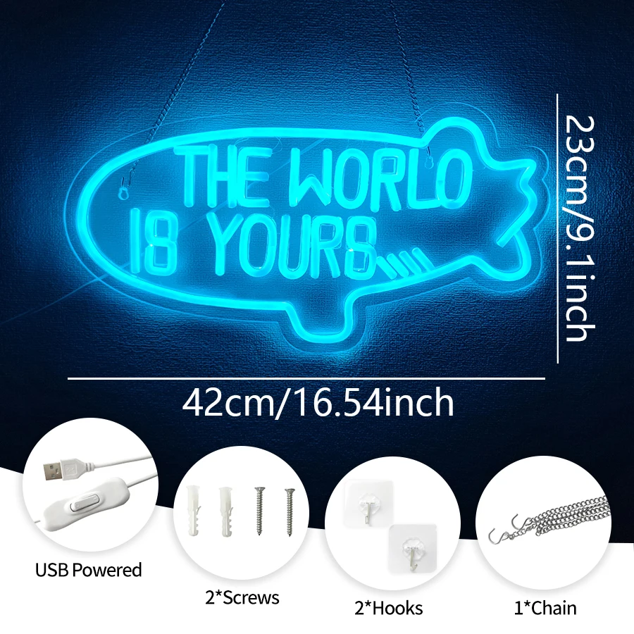 The World Is Your Neon Sign, Airship Led Icon Light, Plug And Play, Bedroom, Game Room, Man Cave, Family Bar, Wedding Wall Decor - view 2