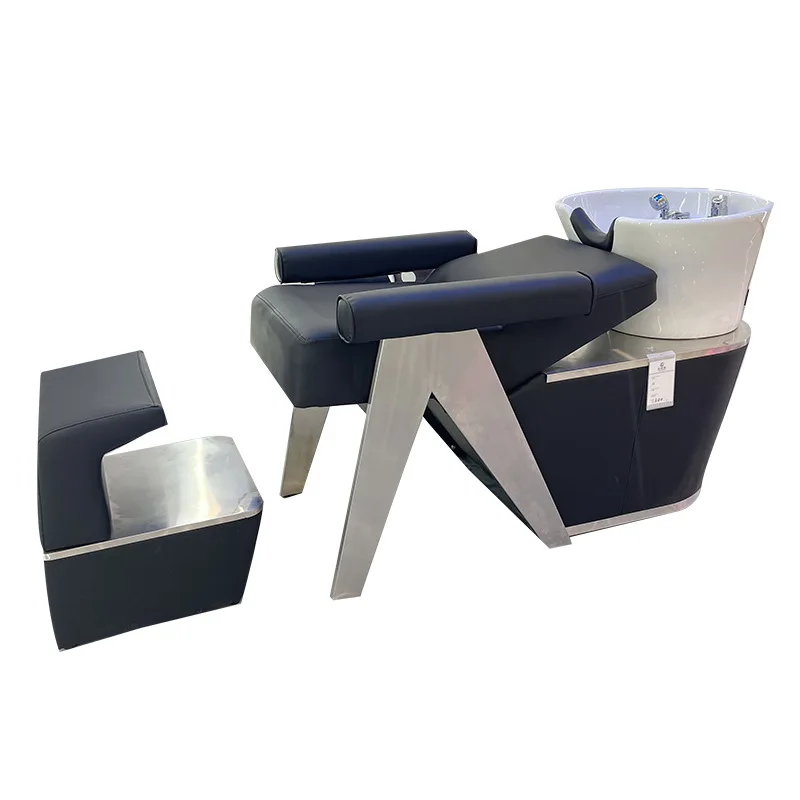 

High-end Ceramic Basin Shampoo Bed for Hair Salon, Semi-Reclining Stainless Steel Washing Bed for Hair Salon
