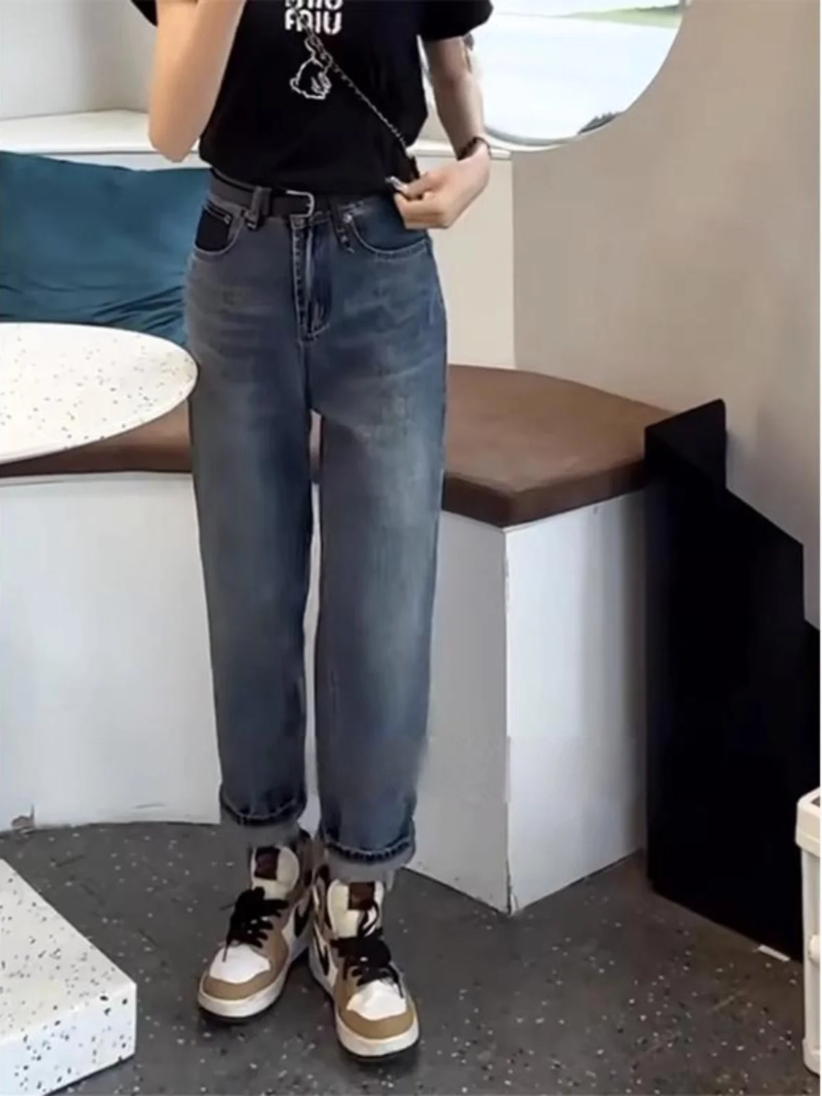 Thiened Fce اصطف هارلان الدينيم الجينز المرأة عالية الخصر فضفاضة تناسب التخسيس أبي الجزرة السراويل موسم الشتاء السراويل الطويلة