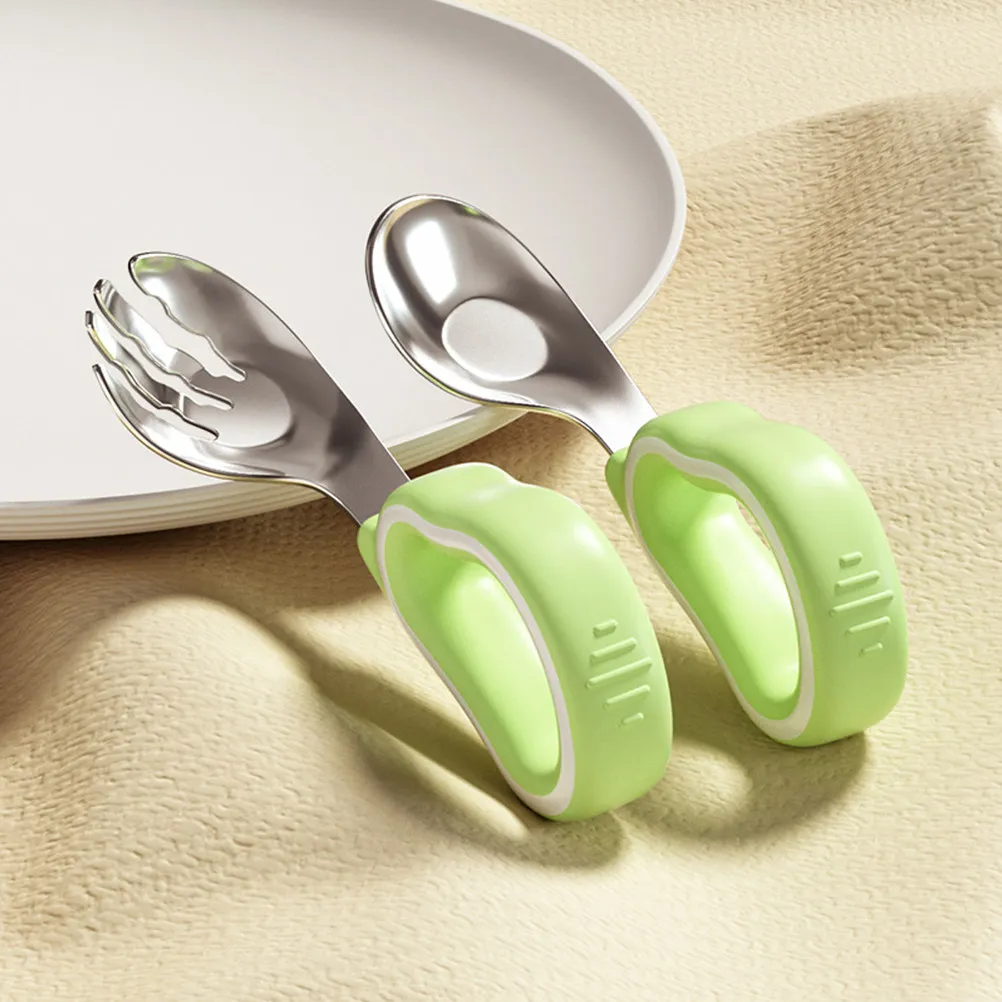 

1Set Baby Training Fork Spoon Set Silicone Handle Stainless Steel Toddler Utensils Kids Cutlery Feeder Lunch Box Eating