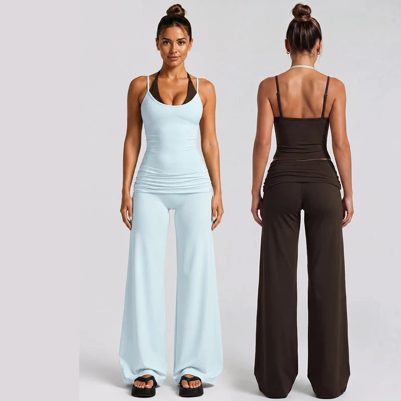 Women 2‑Piece Sportswear Color Block Halter Faux Two‑Piece Tank Top Fold‑Over Waist Wide Leg Pants Outdoor Yoga Fitness Set