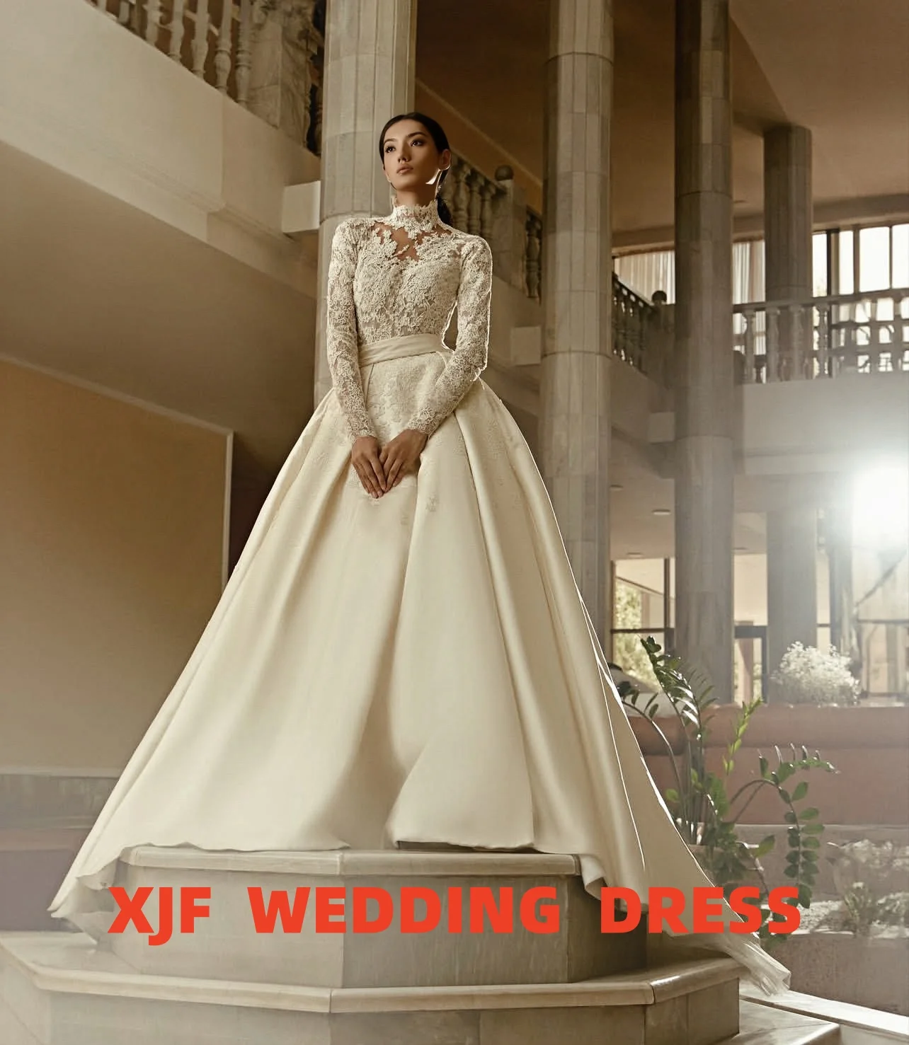 Personalizado de alta pescoço de manga comprida sereia destacável cauda vestido de baile vestido de casamento amanda novias vestidos de novia amanda novias