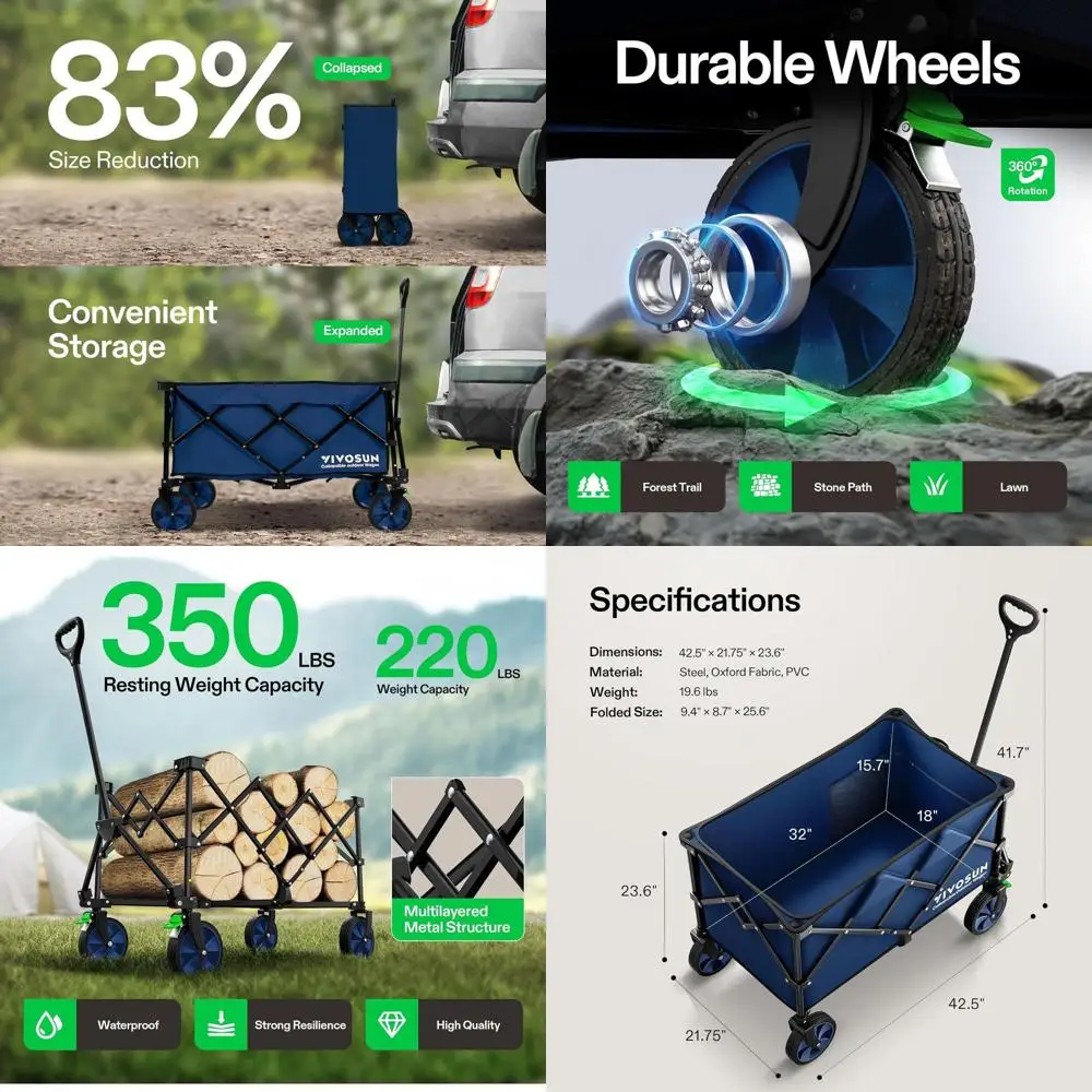 

Складная усиленная уличная тележка для тяжелых грузов с грузоподъемностью 160 кг, бесшумными колесами, подстаканниками, боковыми карманами, регулируемой ручкой для переноски