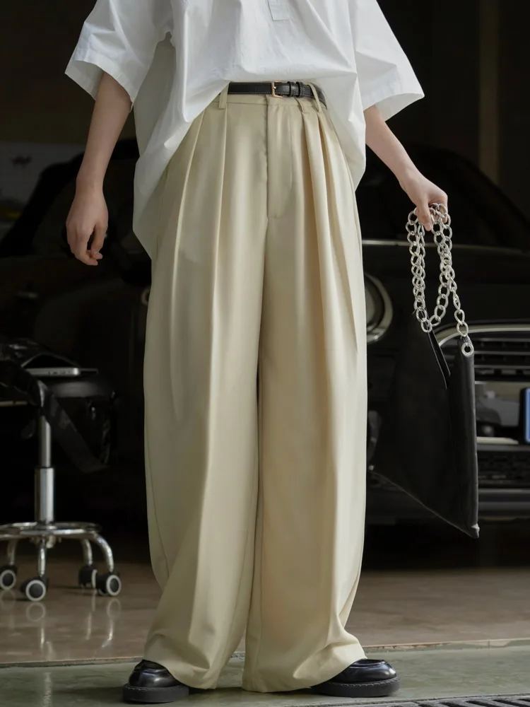 [LANMREM] Minimalism Pleasted High Waist Pants Women Straight Wide Leg Suits Trousers Office Lady 2024 Autumn New 26D8921