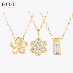 ROXI 925 Sterling Silver Y-shaped Flower/Square Pendant Necklaces For Women Shine Crystal Drop Gold Chain Weddings Party Jewelry