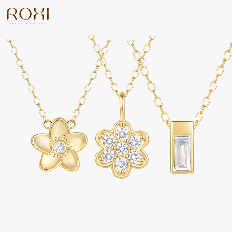 ROXI 925 Sterling Silver Y-shaped Flower/Square Wisiorek Naszyjniki Dla Kobiet Shine Crystal Drop Gold Chain Biżuteria Ślubna Party
