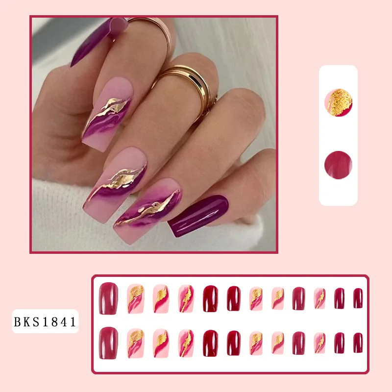 24 Pcs Gold Long False Nails with Glue Purple Square Holiday Fashion Nails Acrylic Press on Fake Nails Set for Beautiful Gluing