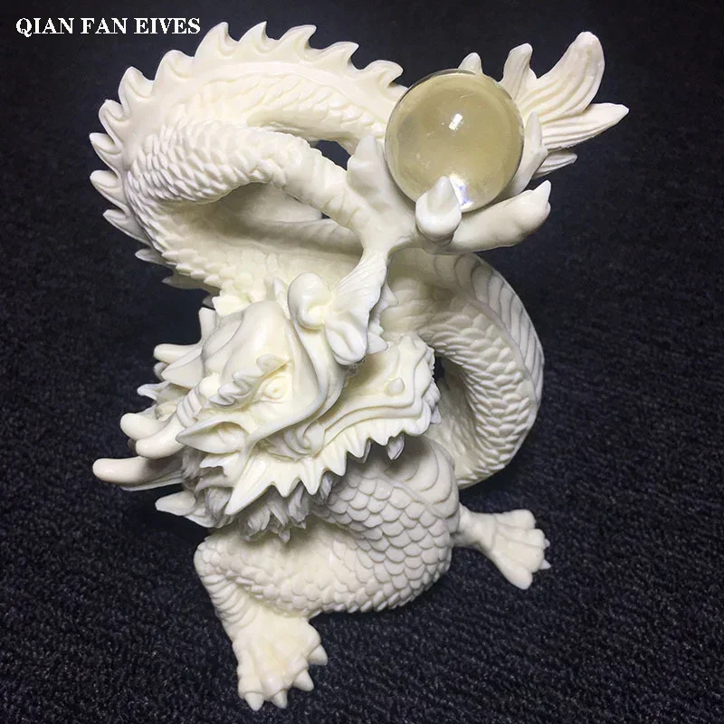 White Plate Dragon Play Beads Mascot Sculpture Statue，Modern art sculpture，High-end home decorations，Chinese mascot gift statue