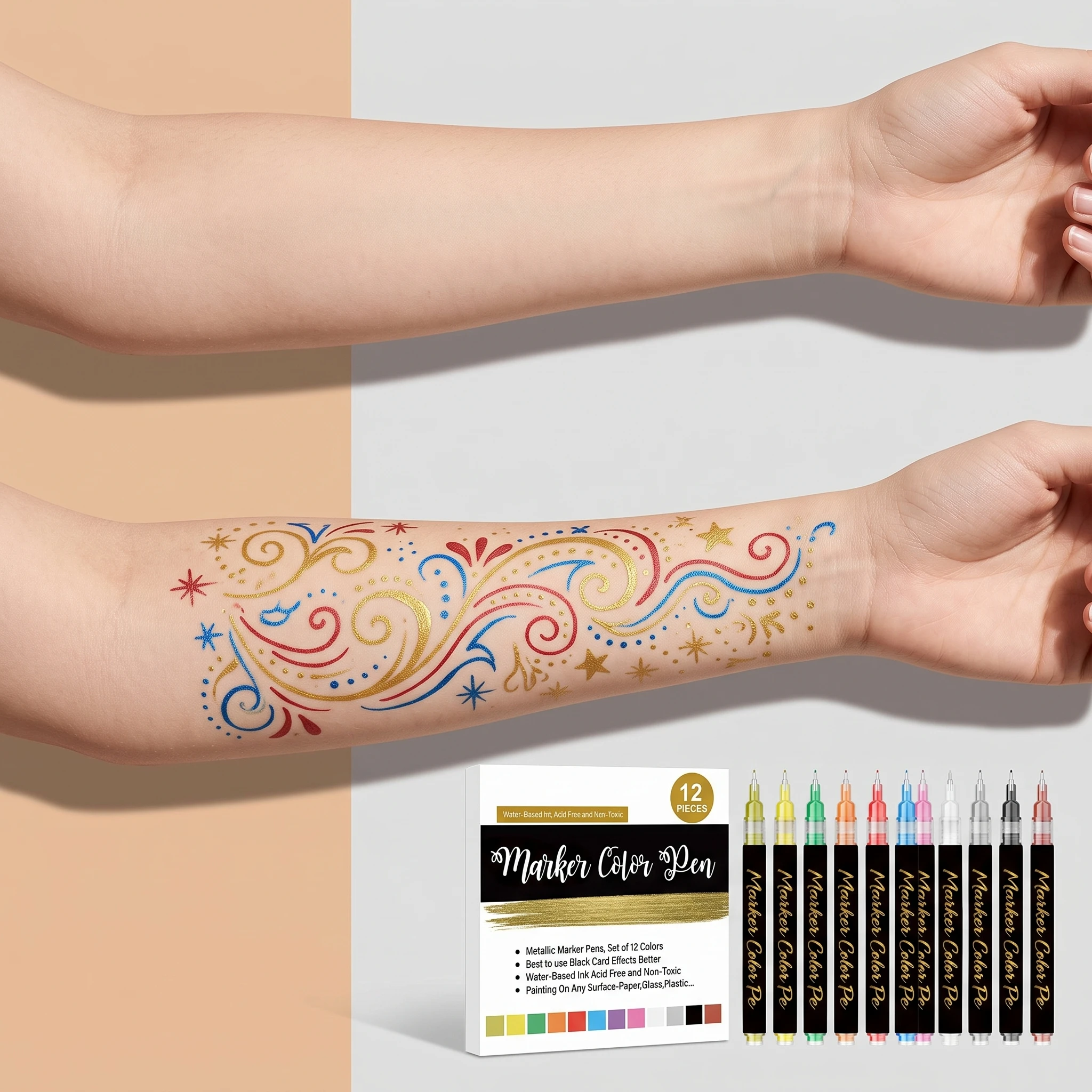 12-Color Face Body Painting Pen Set,Temporary Tattoo Markers,Washable Body Makeup for Teen Adults Masquerade Cosplay Party Use
