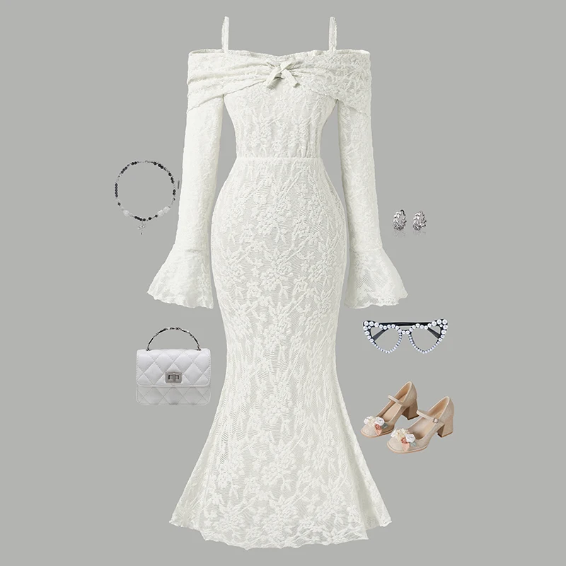 Girls 8-12 White Lace Mermaid Dress, Off-Shoulder Bow Front & Plain Back, Formal Kids Outfit