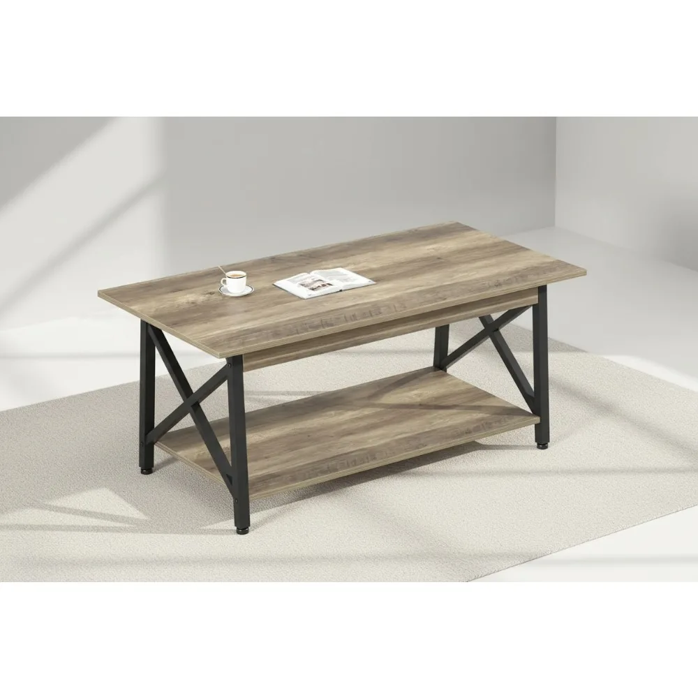 

39" Modern X-Frame Coffee Table with 2-Tier Storage, Space Saving Farmhouse Design for Small Living Rooms