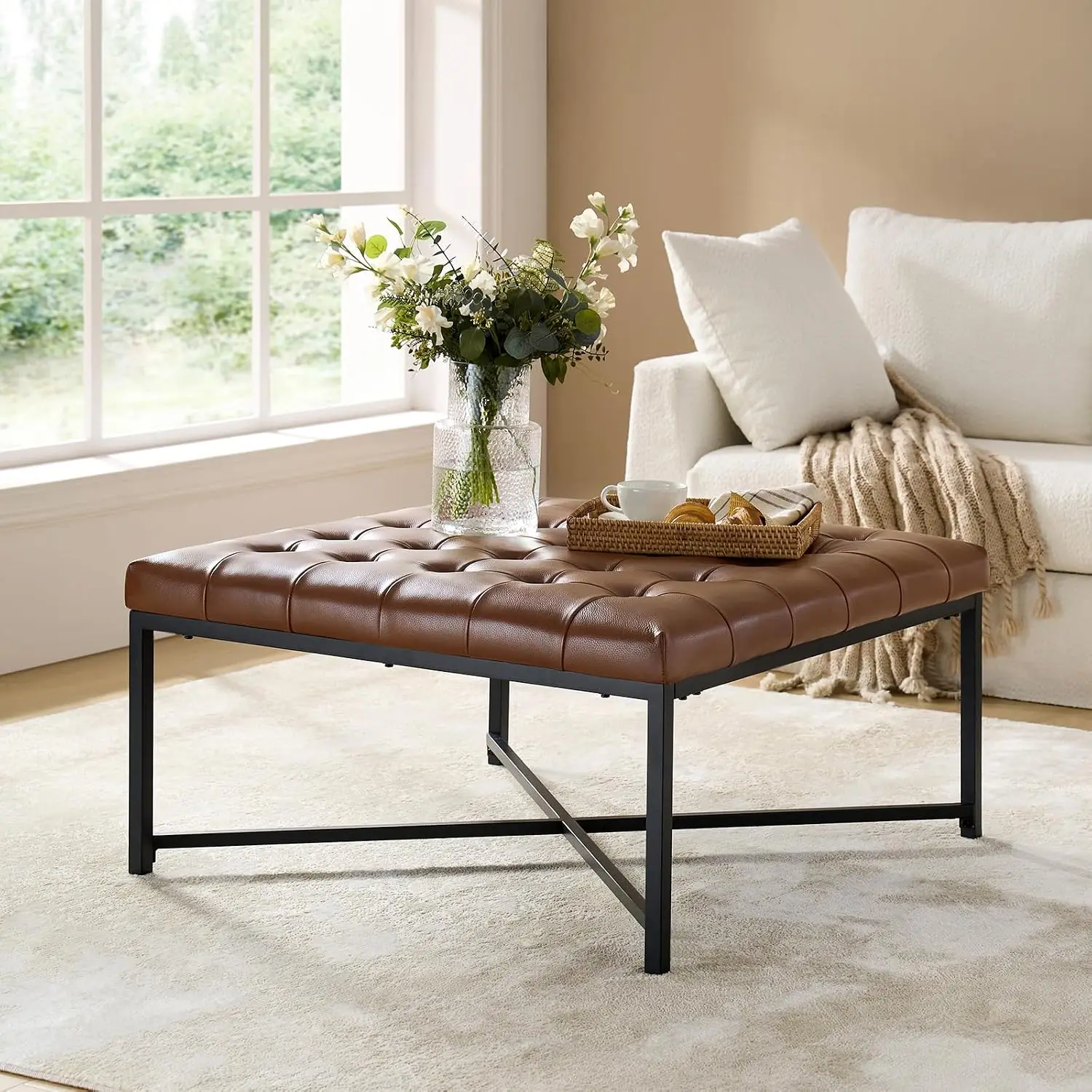 Upholstered Coffee Table Ottoman Leather Padded Seat Button Tufted Square Black Metal Frame Brown, Customized